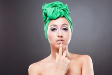 Beautiful Pin-up Woman Point At Her Lips Royalty Free Stock Photography