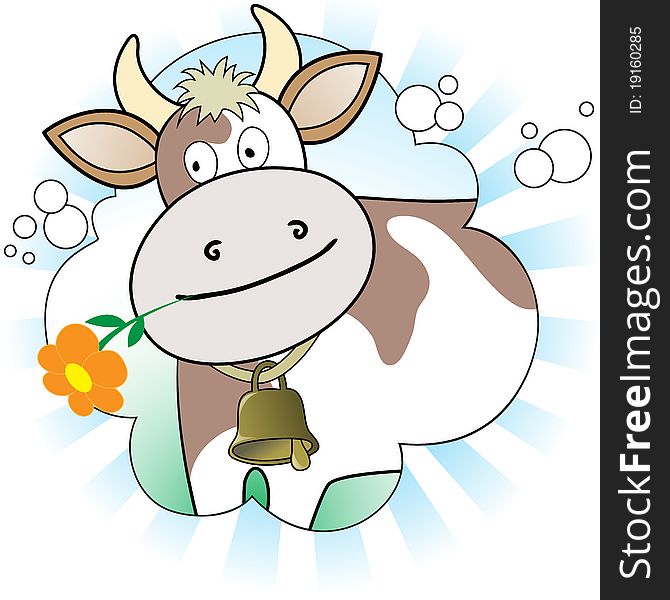 Cow with an orange flower in radiant white and blue background