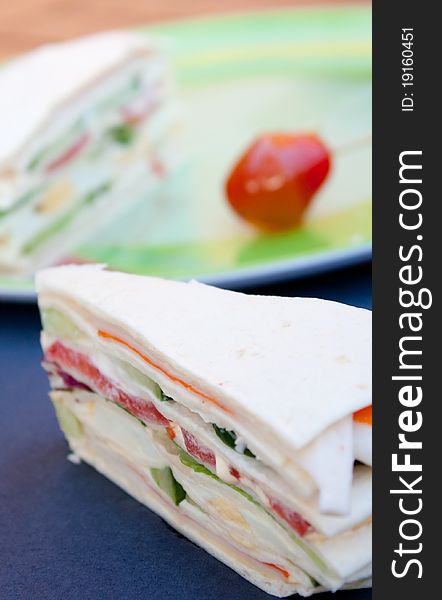 Sandwich of raw vegetables made with crepes. Sandwich of raw vegetables made with crepes
