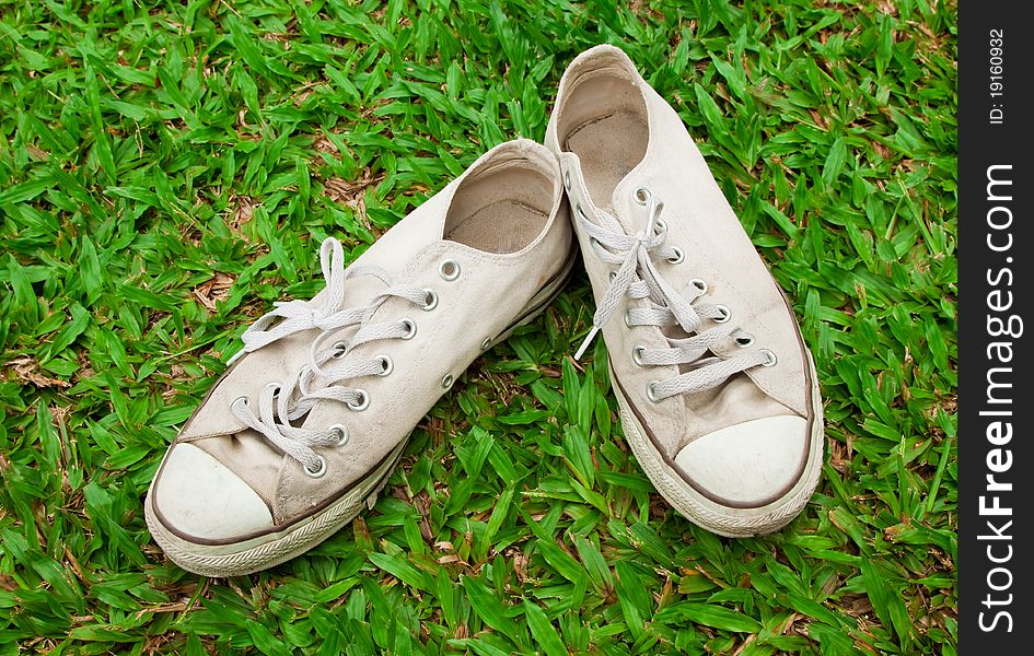 Pair of old sneakers on green background. Pair of old sneakers on green background