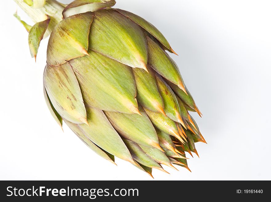 A green & yellow spiky artichoke against a white background
