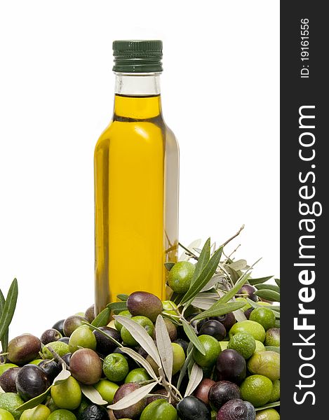 Olive oil and fresh olives on white background. Olive oil and fresh olives on white background