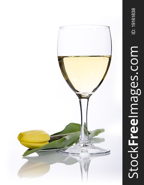 Glass of white wine and yellow tulip on a white background. Glass of white wine and yellow tulip on a white background