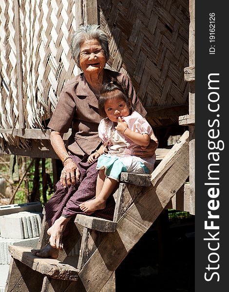 Asian grandmother with granddaughter, portrait of asian people