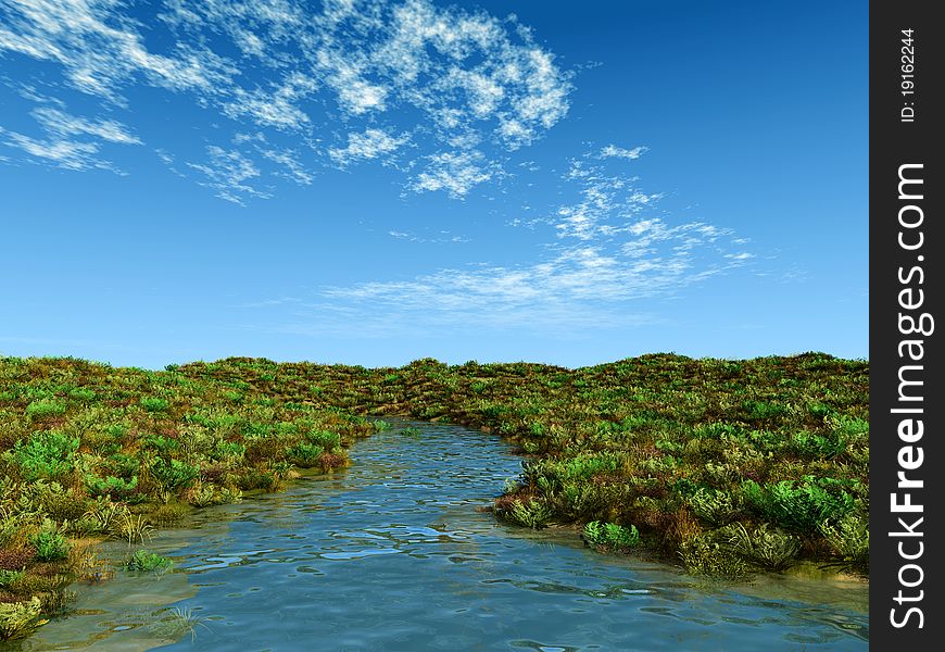 Illustration of a little creek in summer