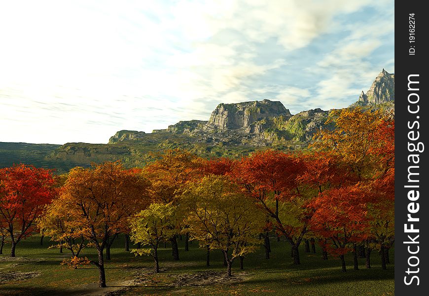Illustration of fall trees and mountains