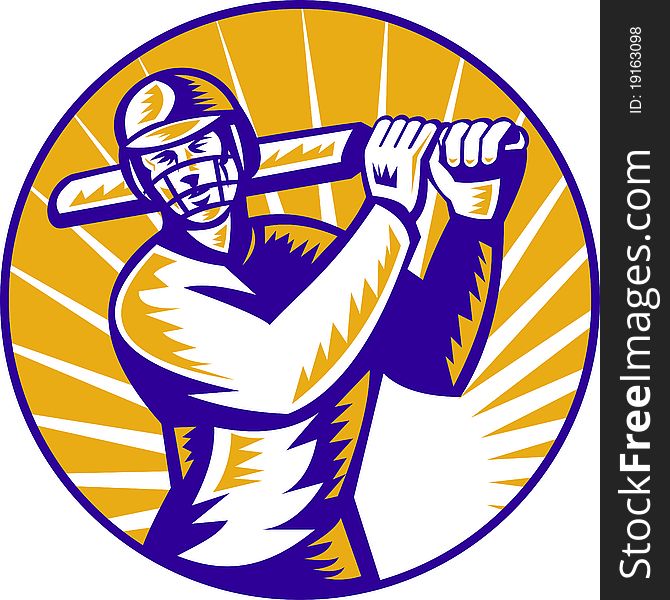 Illustration of a cricket batsman batting front view done in retro woodcut style set inside circle
