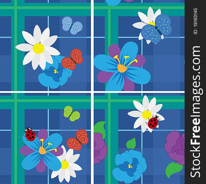 Check fabric Seamless pattern  with flowers, butterflies and ladybird for your design