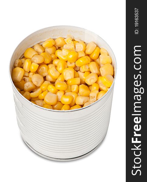 Corn preserved in can on white. Corn preserved in can on white