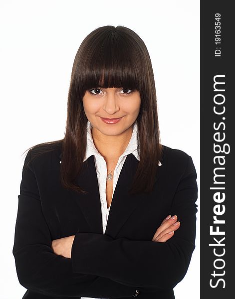 Nice girl in a business suit standing on white background