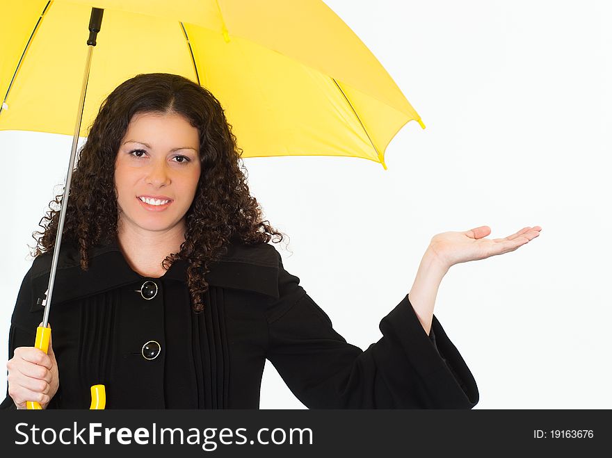 Portrait of a woman with an umbrella on a white background