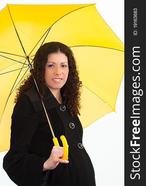 Portrait of a woman with an umbrella on a white background