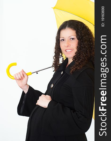 Portrait of a woman with an umbrella on a white background