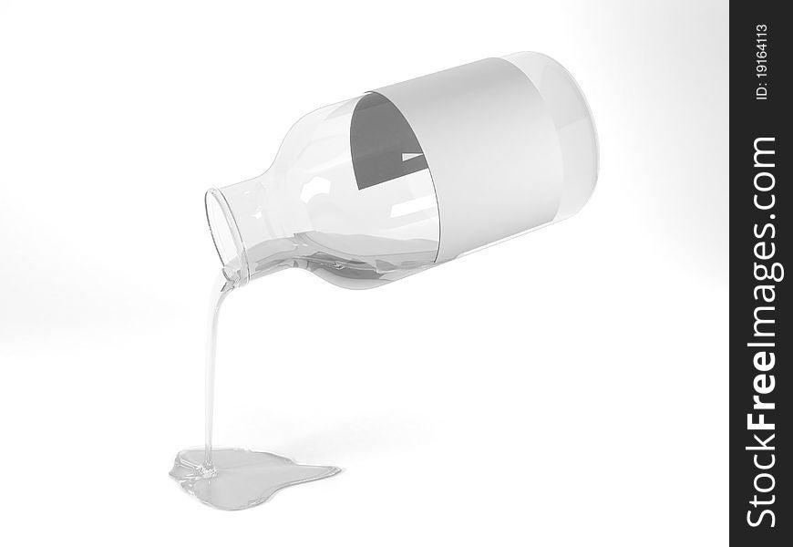 The isolated bottle and flowing out liquid on white background. The isolated bottle and flowing out liquid on white background