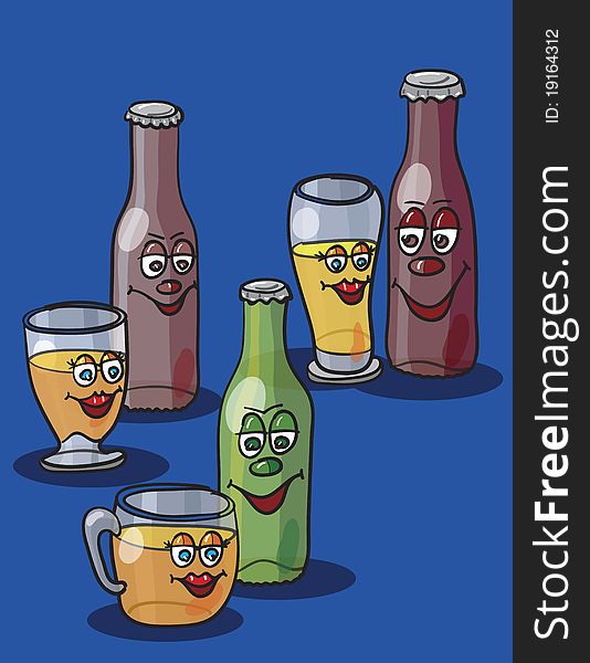 Beer bottles and glasses, abstract vector art illustration