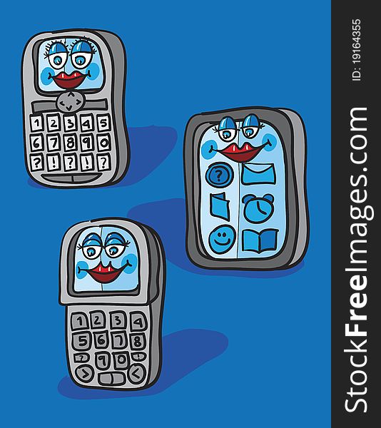 Mobile cells cartoon, abstract vector art illustration