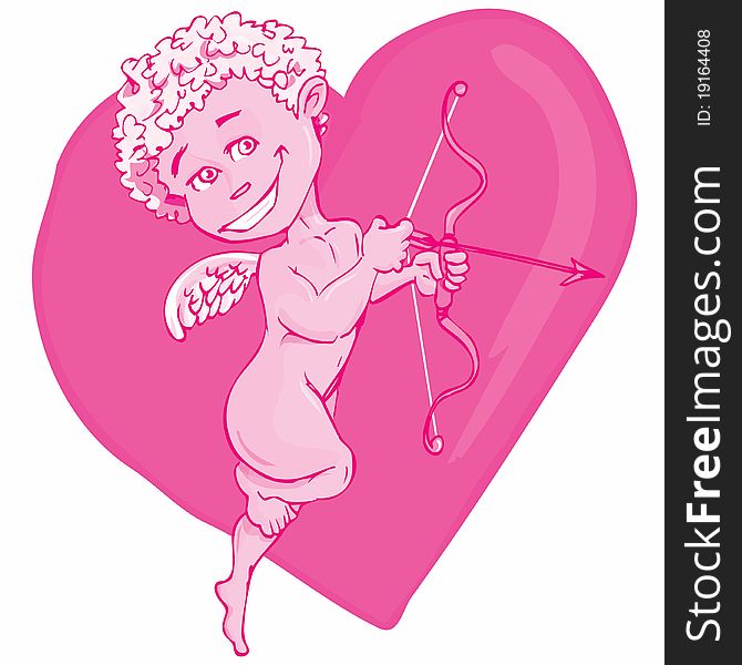 Cartoon cupid with bow and wings.Pink hart