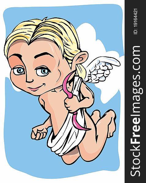 Cartoon cupid with bow and wings. Blue sky behind