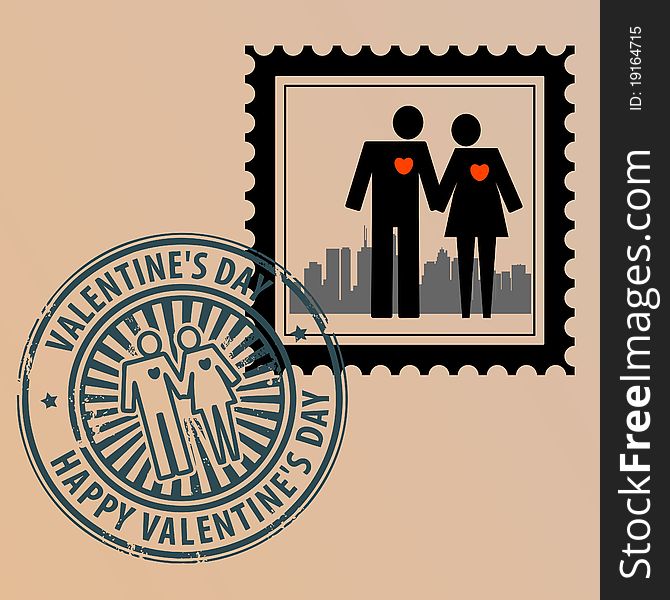 Postage stamp with couple and postmark with text Valentine Day