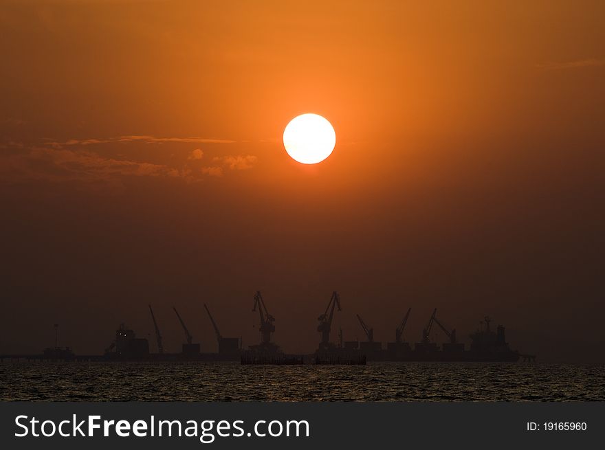 Silouette of cargo ships