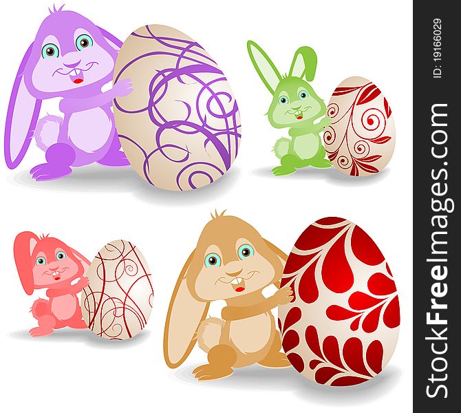 Set of easter bunnies and eggs