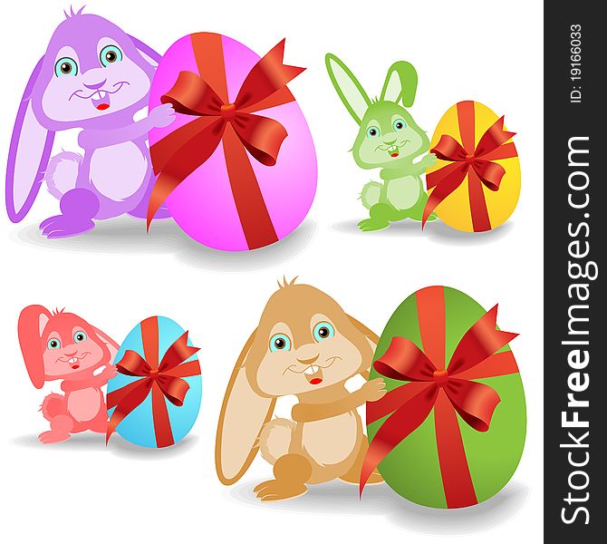 Set of easter bunnies and eggs