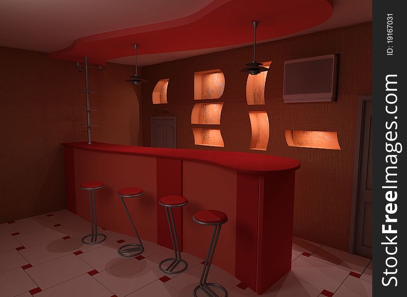 A bar is done in red tones.  bar and niches with illuminating from beneath. A bar is done in red tones.  bar and niches with illuminating from beneath.