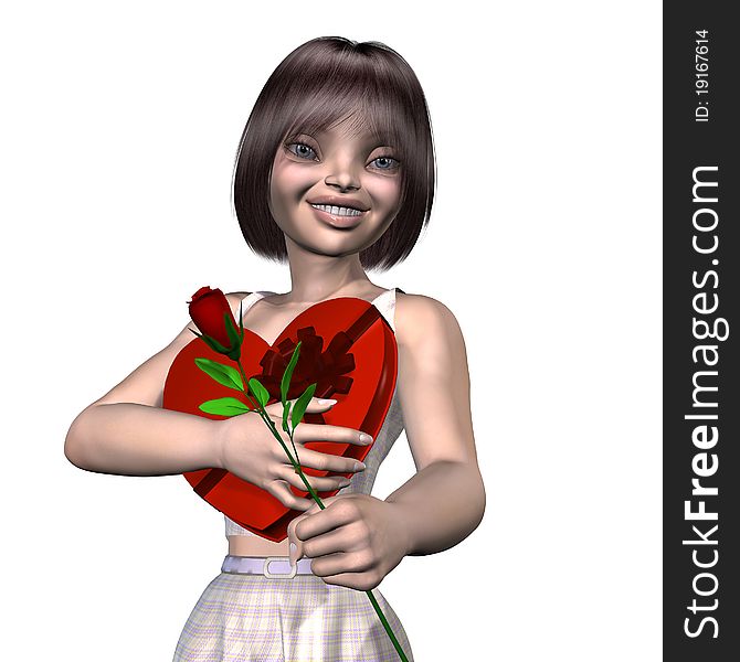 Smiling girl with heart shaped box and red rose. Smiling girl with heart shaped box and red rose