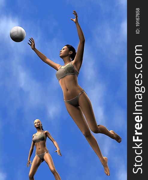 Young women playing volley ball outdoors