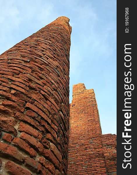 Old brick pillars of the temple in Ayutthaya, Thailand.