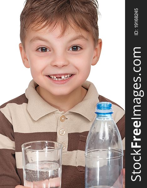 Portrait of a cute boy having a bottle of refreshing water - isolated on white. Portrait of a cute boy having a bottle of refreshing water - isolated on white