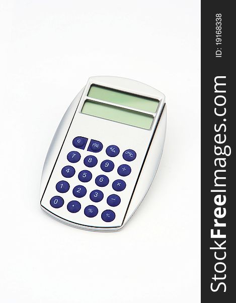 A calculator with blue keys isolated on white background. A calculator with blue keys isolated on white background