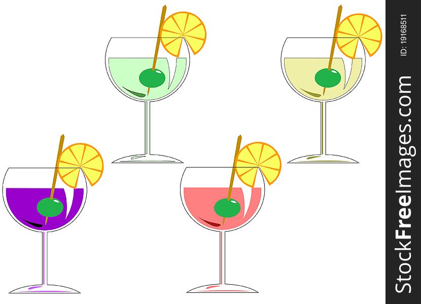 Four cocktails with a lemon and olive