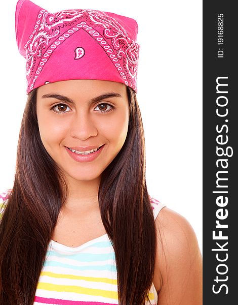 Beautiful girl looking at the camera with a pink scarf on her head. Beautiful girl looking at the camera with a pink scarf on her head