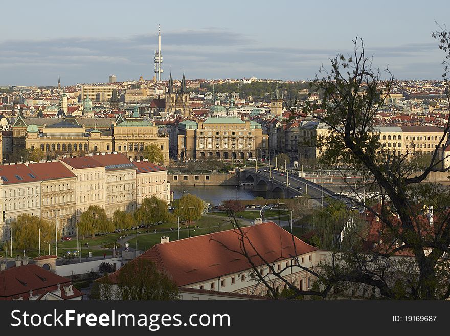 Prague rooftops view from the Prague Castle area (Looking south-east from Prague.) In view: Å½iÅ¾kov television tower, Church of Our Lady before TÃ½n (TÃ½nskÃ½ chrÃ¡m), towers of Old Town city hall and St. Michaels church at Old Town square, Rudolfinum and Philosophical faculty of Charles University in Prague in front. Prague rooftops view from the Prague Castle area (Looking south-east from Prague.) In view: Å½iÅ¾kov television tower, Church of Our Lady before TÃ½n (TÃ½nskÃ½ chrÃ¡m), towers of Old Town city hall and St. Michaels church at Old Town square, Rudolfinum and Philosophical faculty of Charles University in Prague in front.