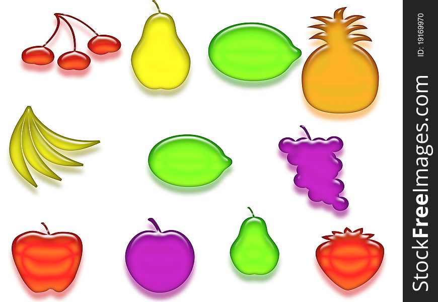 A set of glossy icons of fruit of different types. A set of glossy icons of fruit of different types.