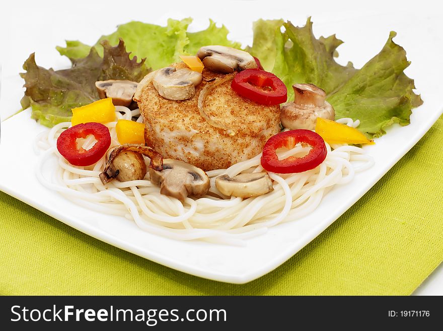 Meat steak with vegetables and pasta