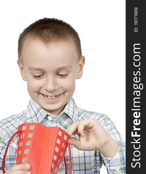 Happy boy looks into a gift bag.