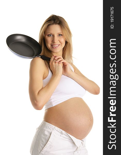 Happy pregnant woman with  frying pan isolated on white
