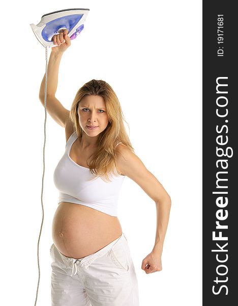 Angry pregnant woman brandishing an iron isolated on white