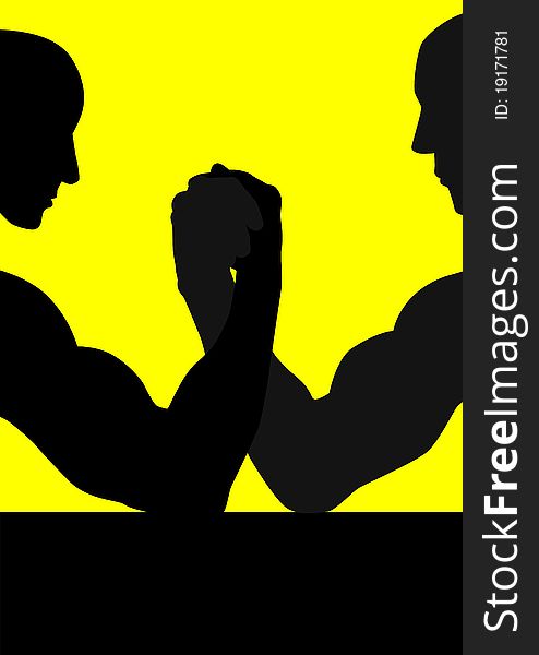 Silhouette illustration of two men having hand wrestling match