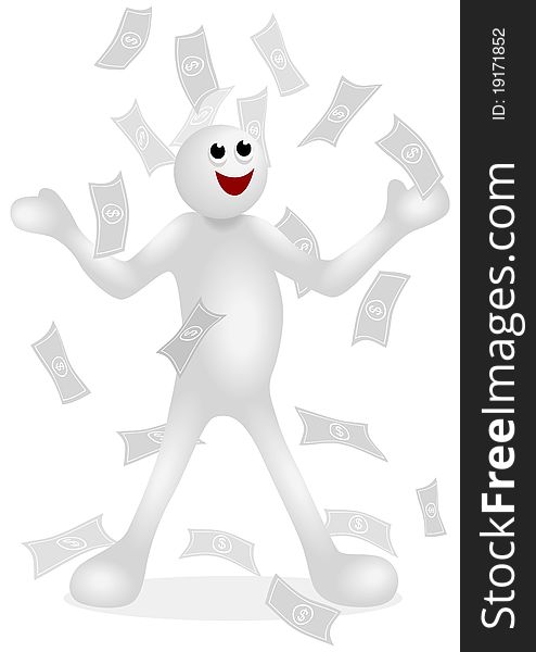 Iconic white figure excited with money raining