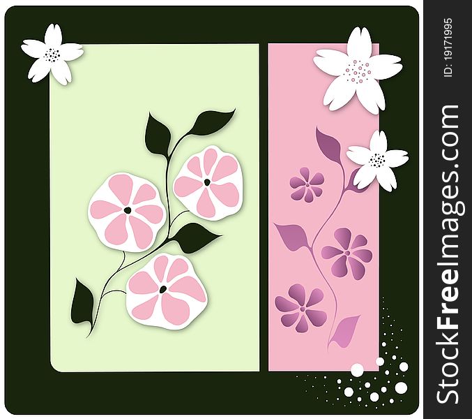 Floral postcard with pink and white flowers on a green background