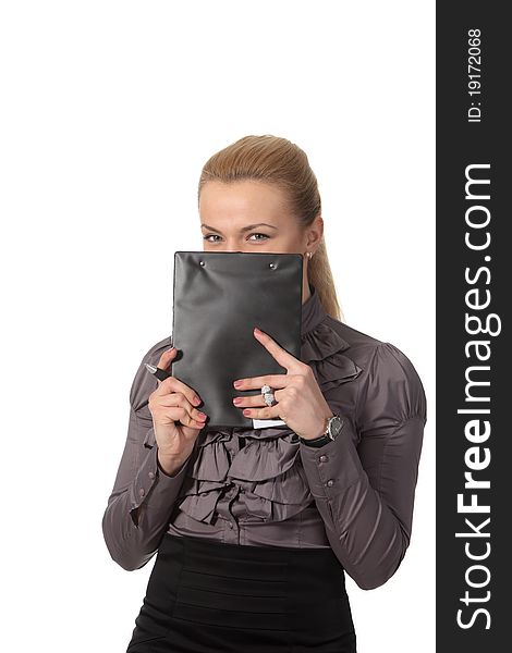 Businesswoman Hid Face Behind Notepad