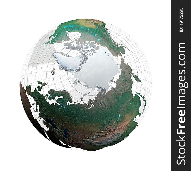 Transparent globe with continents and grid system