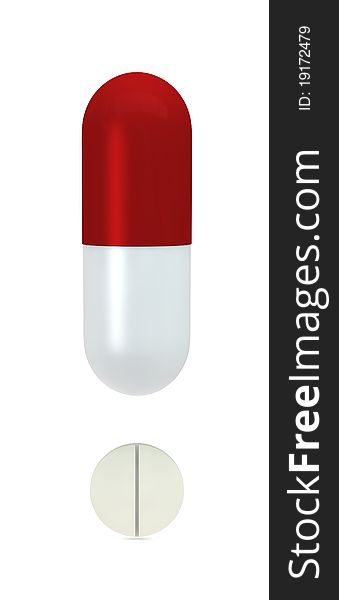 One 3d render of 2 pills that form an exclamation point