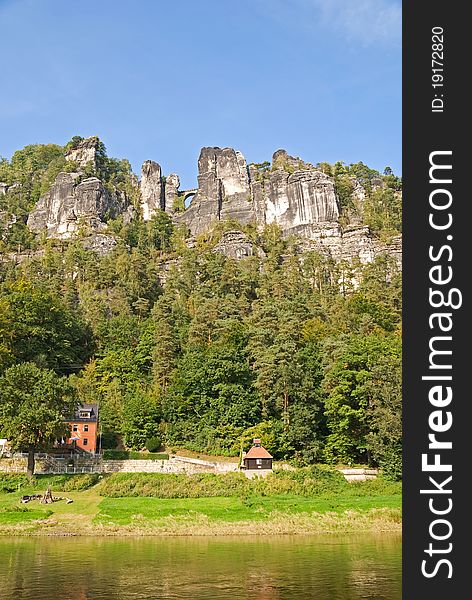 Elbe sandstone mountains in germany with elbe river. Elbe sandstone mountains in germany with elbe river