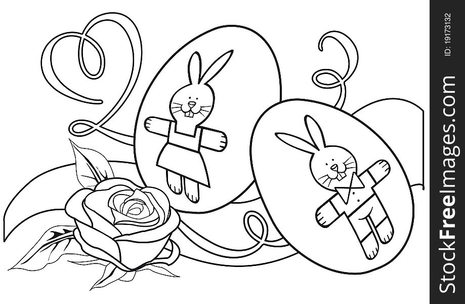 Monochrome contour illustration with rose and eggs