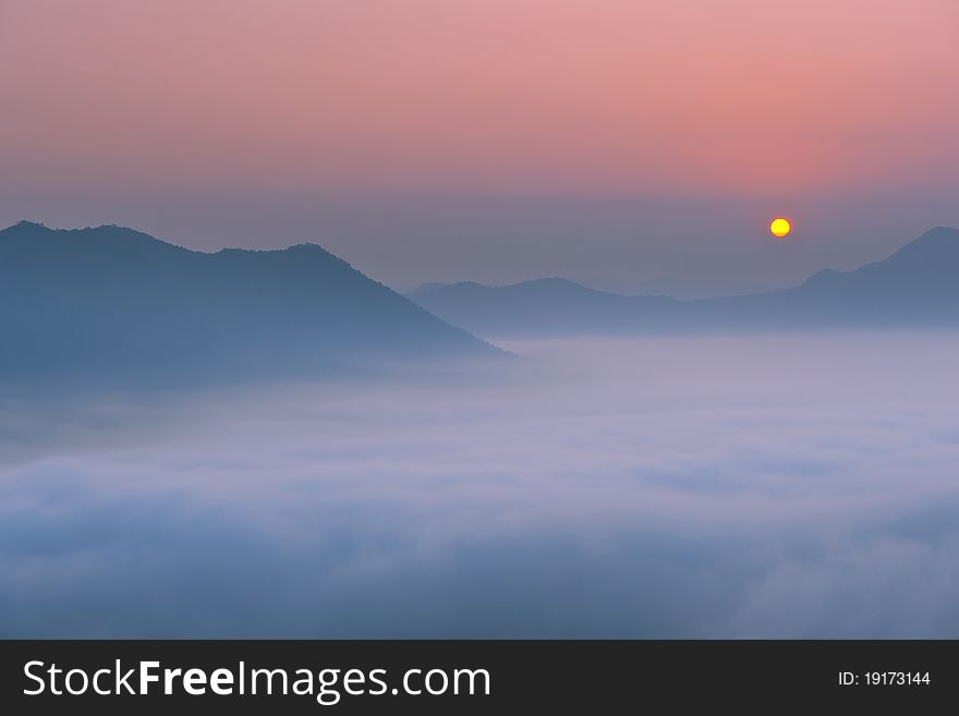 Vantage point at the north of Chiang Khan, Thailand Asia. Sunrise on the mountain. Vantage point at the north of Chiang Khan, Thailand Asia. Sunrise on the mountain.