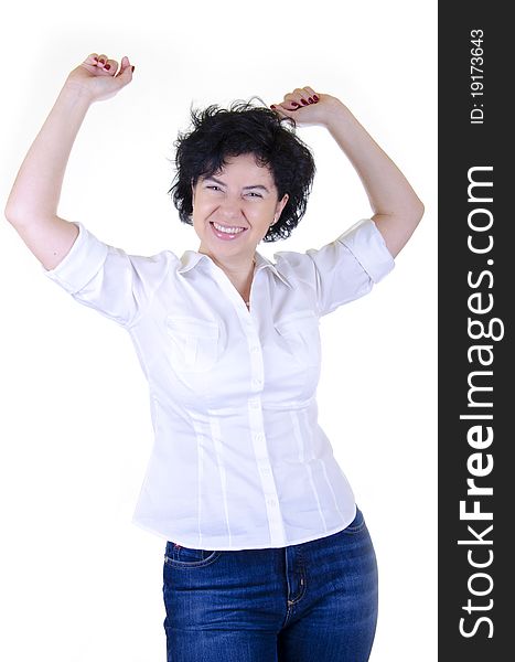 Happy and smiling woman in white shirt and jeans. Happy and smiling woman in white shirt and jeans